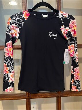 Roxy Black Rash Guard with Pink & Coral Floral Sleeves